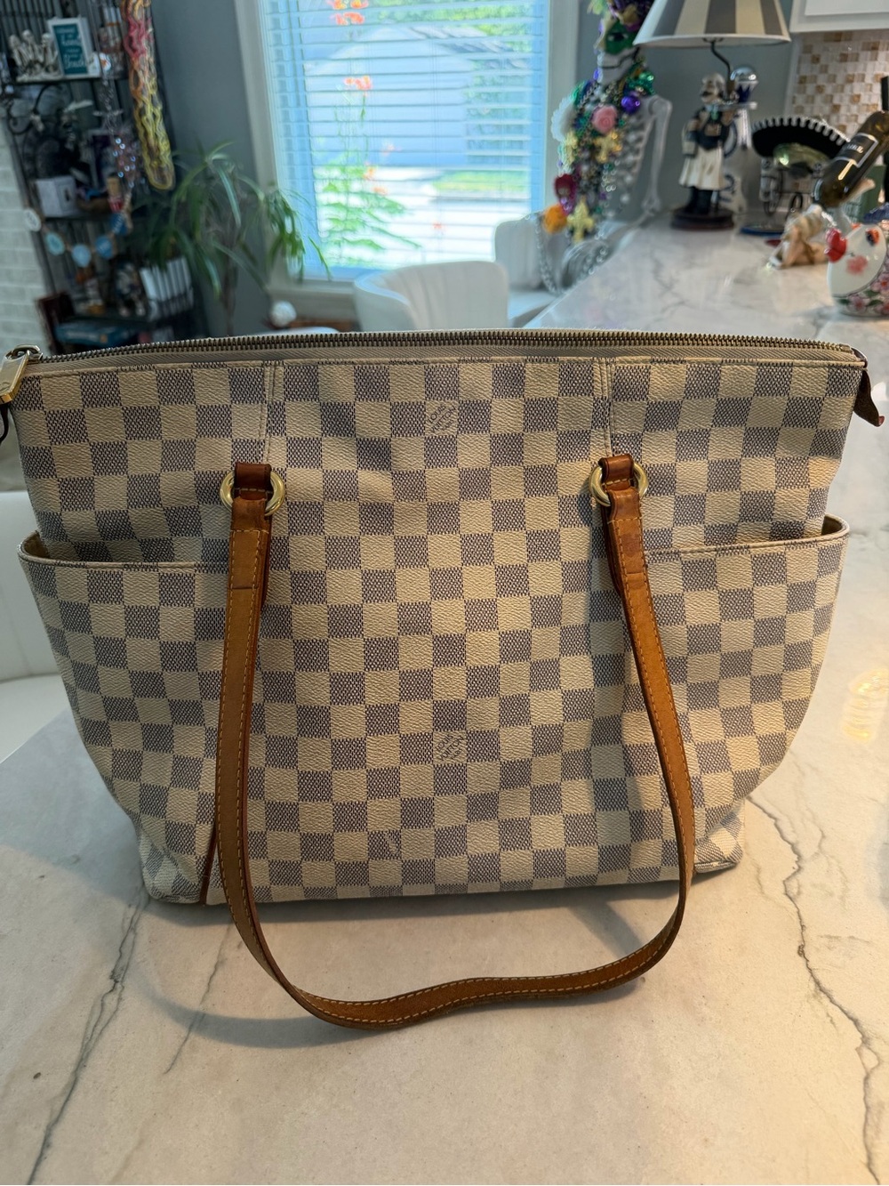Louis Vuitton Damier Azur Checkered Tote with Tan Leather Straps MM